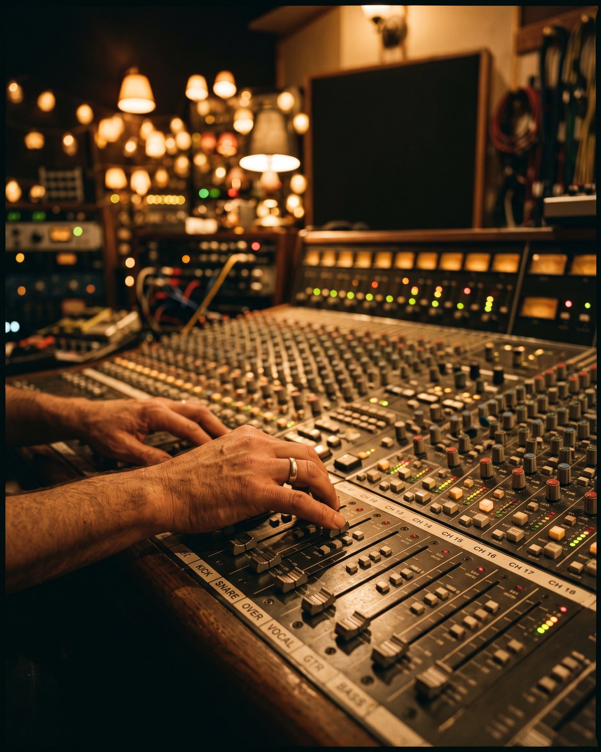 Mains sur une console de mixage
